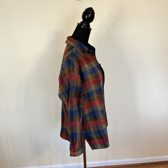 Vtg Plaid Button Up Shirt Jacket Womens Shacket Medium Koret Plaid Tan Cotton - Picture 7 of 7